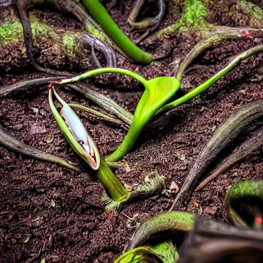 Prompt: a carnivorous plant with alligator jaw and teeth, photo of a plant growing showing its roots underground, plant photography