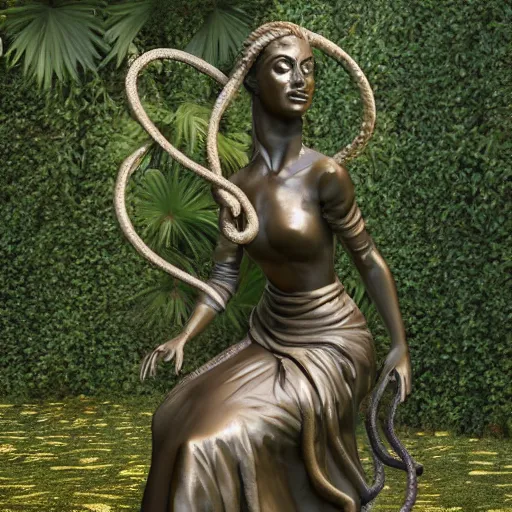 Prompt: a statue of a woman with snakes on her head, a bronze sculpture by lynda benglis, featured on zbrush central, baroque, zbrush, rococo, flemish baroque