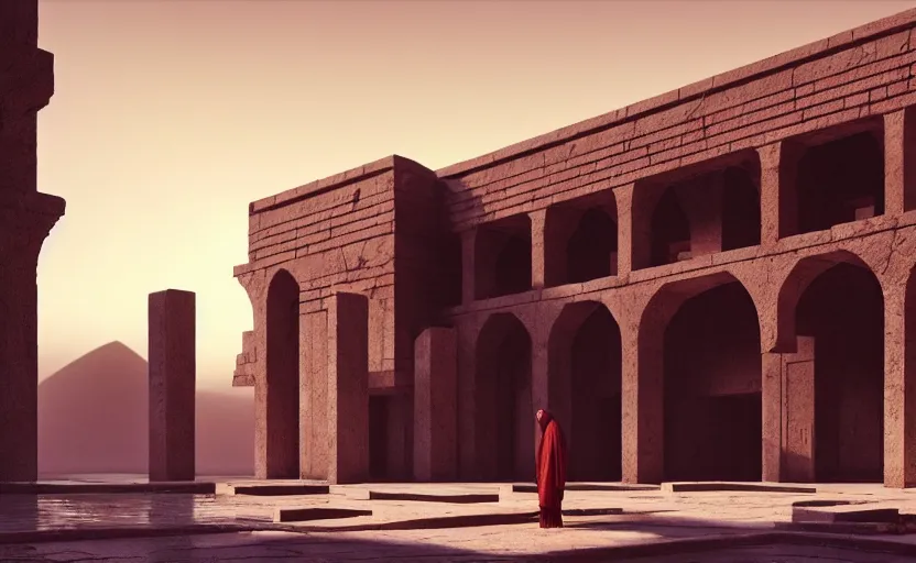 Image similar to exterior shot of utopian ancient persian architecture with cinematic lighting by peter zumthor and renzo piano, darek zabrocki and greg ruthkowski, simon stalenhag, m. c. escher vibe, cinematic, holy place, paradise, scifi, futurism, atmospheric, concept art, artstation, trending on artstation