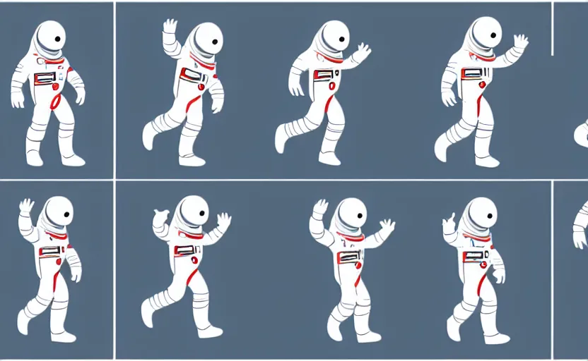 Image similar to 4 frame walk cycle of a cartoon astronaut, walk cycle animation sheet