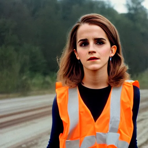 Image similar to photo, close up, emma watson in a hi vis vest picking up trash on the side of the interstate, portrait, kodak gold 2 0 0,