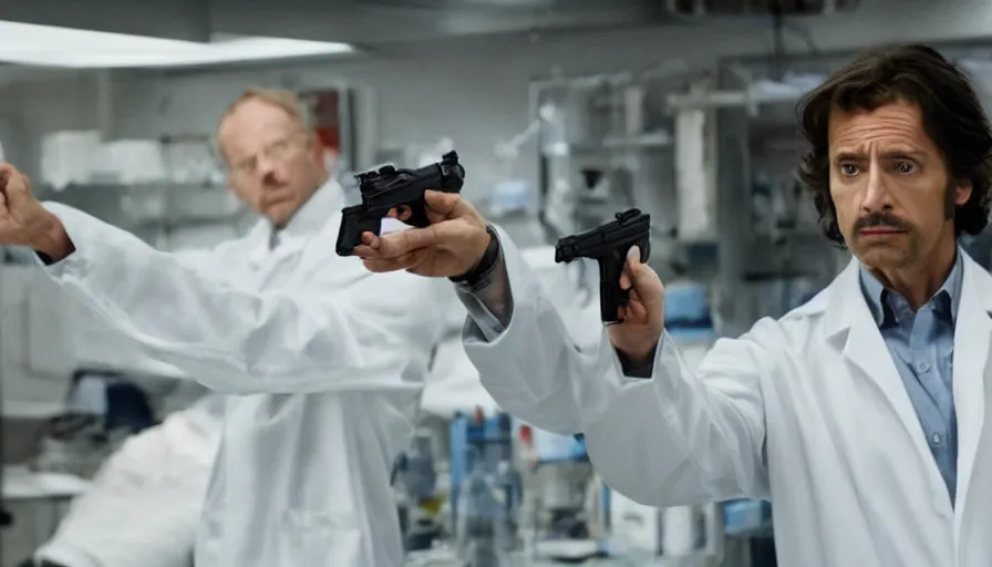 Image similar to big budget action movie about scientist getting shot in the head