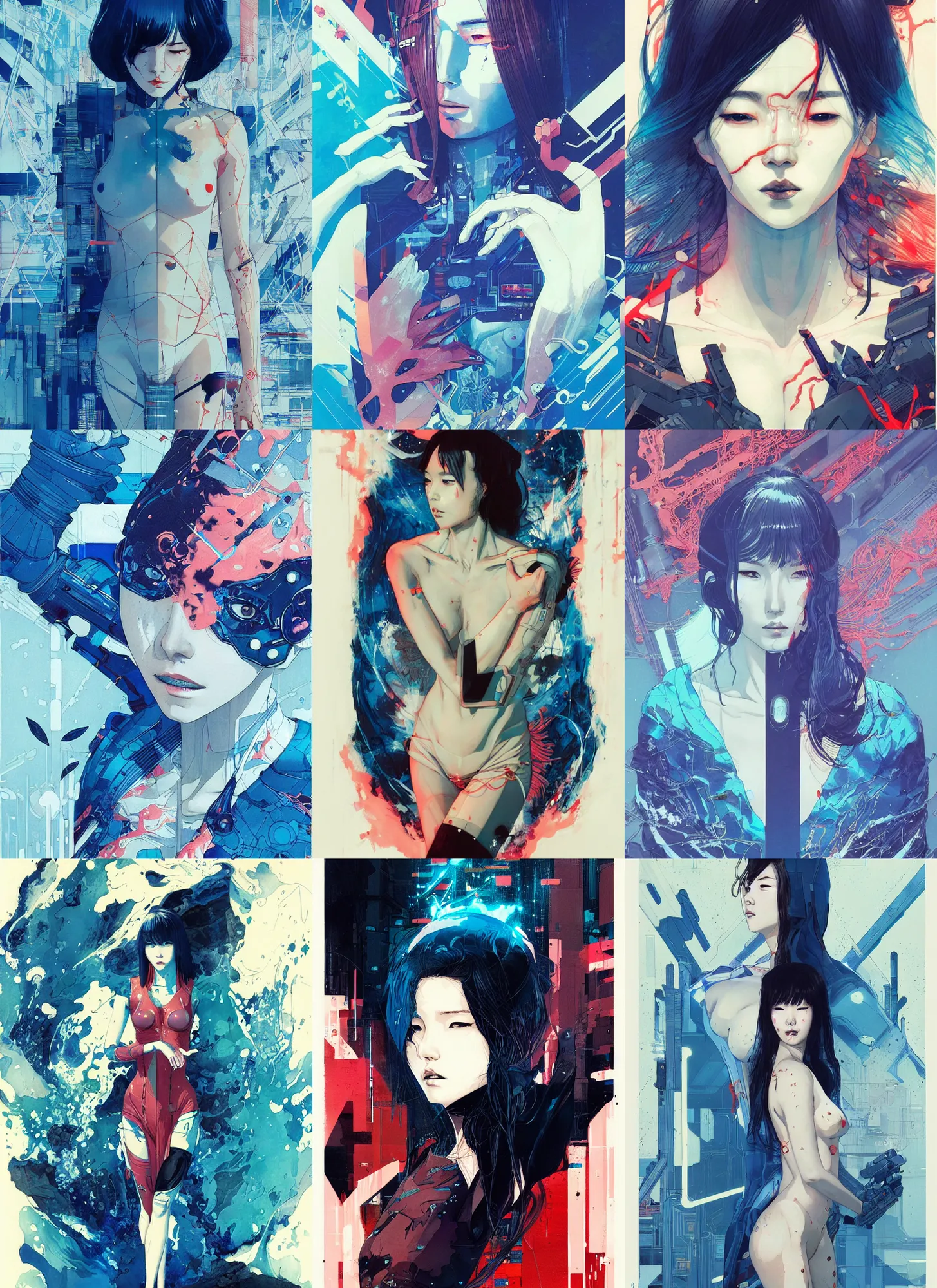 Prompt: lee jin - eun emerging from royal blue water in cyberpunk theme by james jean, vincent di fate, conrad roset, takato yomamoto, rule of thirds, seductive look, beautiful