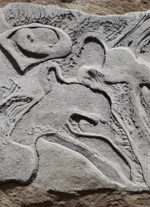 Prompt: geologic rock relief a rock showing, dinosaurs, UFOs, Crocodile Loki, Atlantis