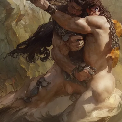 Image similar to Heracles strangling the Nemean Lion, digital painting, detailed, artstation, Krenz Cushart, Greg Rutkowski, Alphonse Mucha, Artgerm