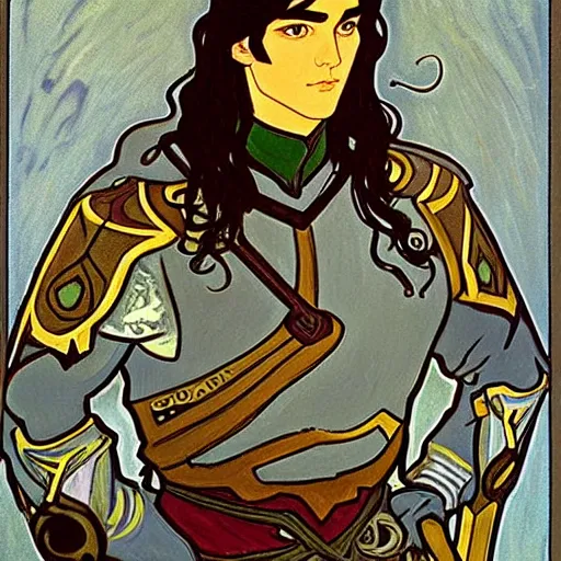 Image similar to painting of handsome beautiful paladin elf! man with long wavy dark hair in his 2 0 s named shadow taehyung at the blueberry party, wearing armor!, elegant, clear, painting, stylized, delicate, soft facial features, art, art by alphonse mucha, vincent van gogh, egon schiele,