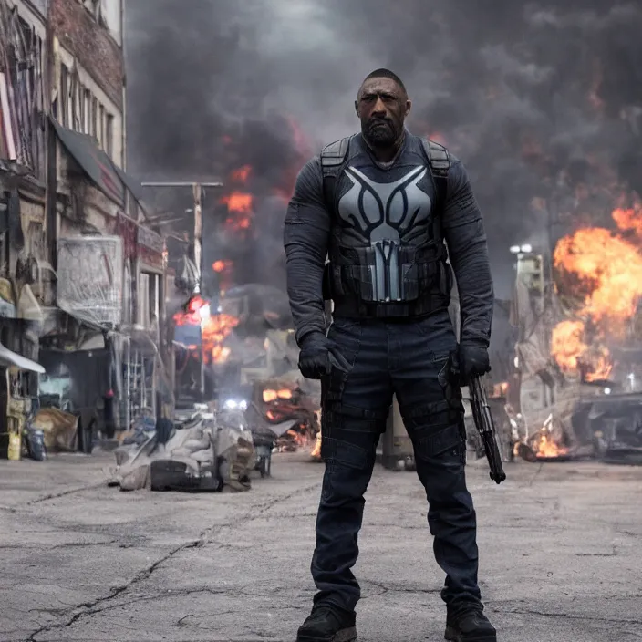 Image similar to film still of Idris Elba as Punisher in new Marvel film, photorealistic 4k