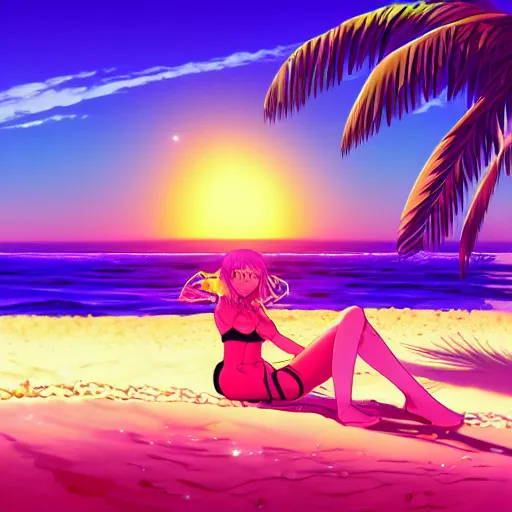 Image similar to girl laying in the sand next to ocean in sunset, sprite, vaporwave nostalgia, visual novel cg, 8 0 s anime vibe, kimagure orange road, yu - no, initial d, drawn by by commodore 6 4, wallpaper, ultra hd, vlc screenshot