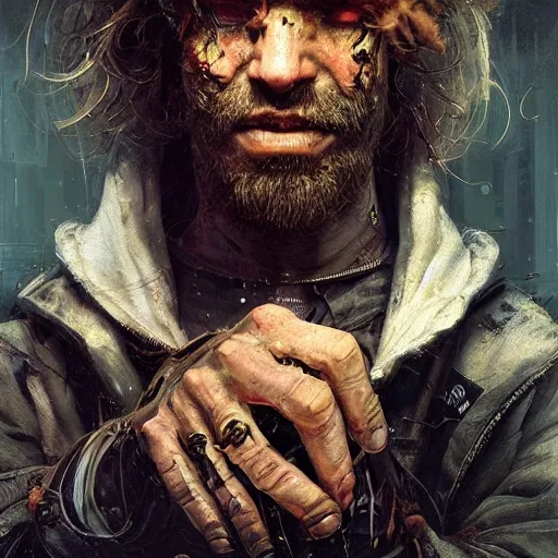 Image similar to henry dorsett case, middleaged shaggy cyborg, heavily augmented, wired, smoker, hacker, cyberpunk, painted by seb mckinnon, high detail, dramatic light, digital art, painted by greg rutkowski, promotional movie posterart, trending on artstation