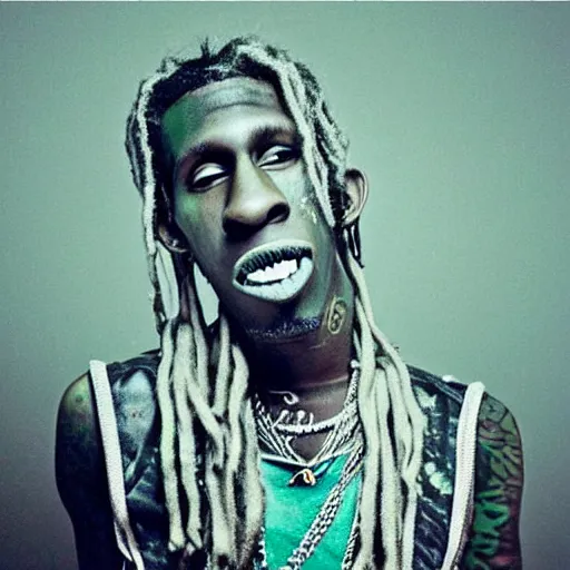 Image similar to Hyper-realistic and extremely uncanny photograph American rapper Young Thug as a creepypasta character-W 910