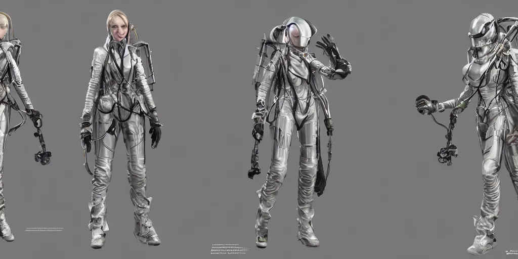 Image similar to a woman in scientist's jacket with a system of straps and pouches for collecting material by Donato Giancola and Tetsuya Nomura, trending on artstation and pixiv clean sci-fi concept art and sheet that using unreal engine 5 render and hyper detailed 3D texture with cinematic software light