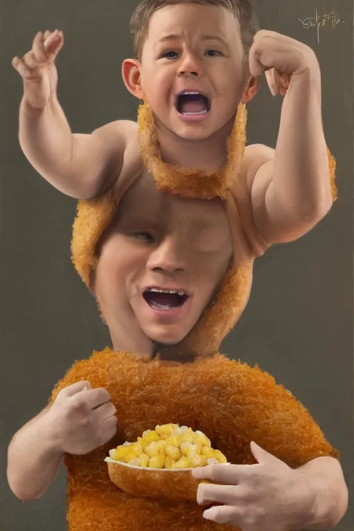 Image similar to channing tatum in a tater tot costume, oil on canvas, intricate, 8 k highly professionally detailed, hdr, cgsociety