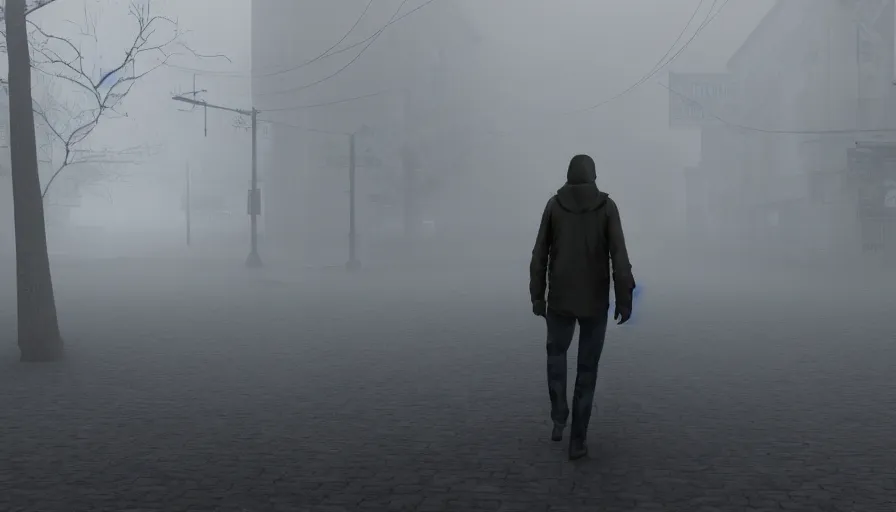 Image similar to guy walking in town of silent hill covered by dust in the fog, hyperdetailed, artstation, cgsociety, 8 k