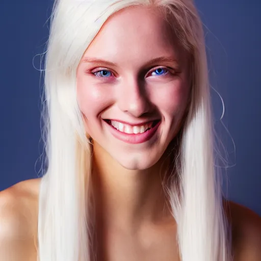 Image similar to beautiful portrait of a cute thin young woman smiling smugly, long light platinum blonde hair, flushed face, blue eyes, golden hour, 8 k, portra 4 0 0