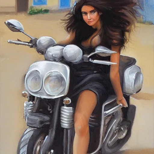 Image similar to a beautiful brunete girl in a moto, in the style of thomas saliot