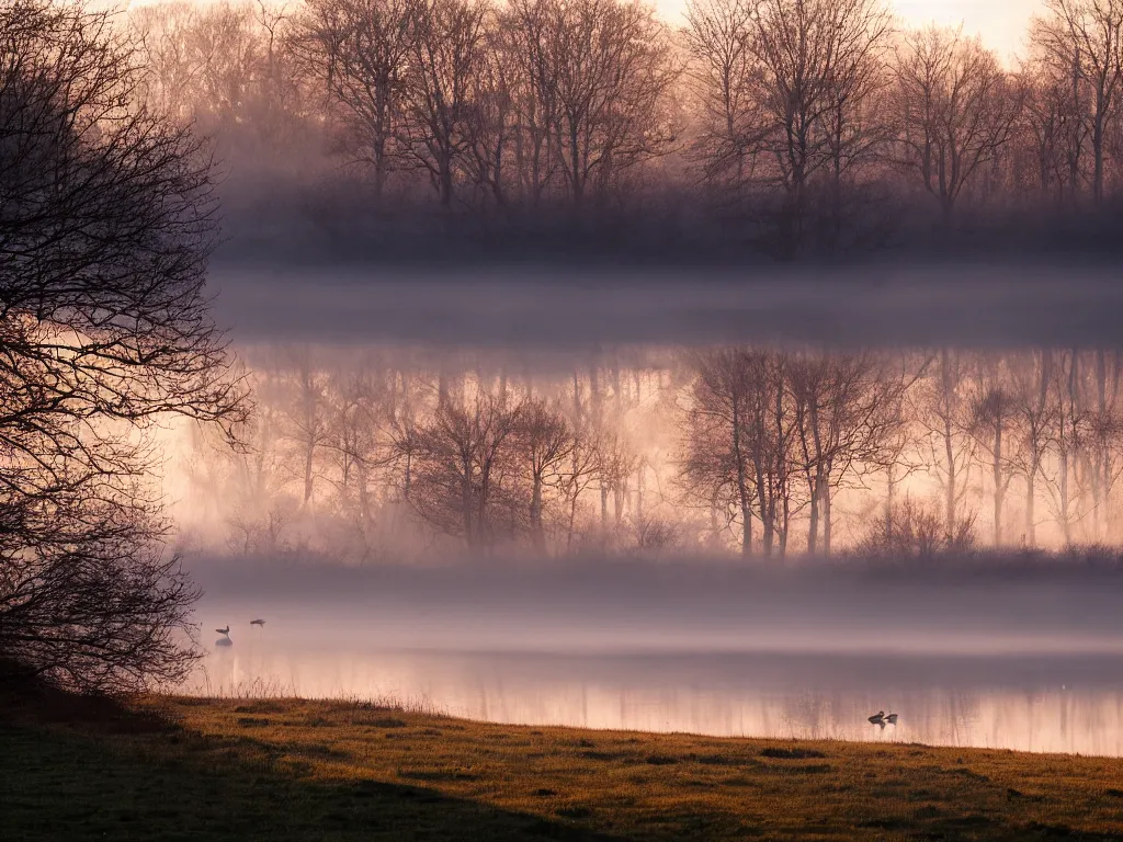 Image similar to A landscape photo taken by Kai Hornung of a river at dawn, misty, early morning sunlight, cold, chilly, two swans swim by, rural, English countryside