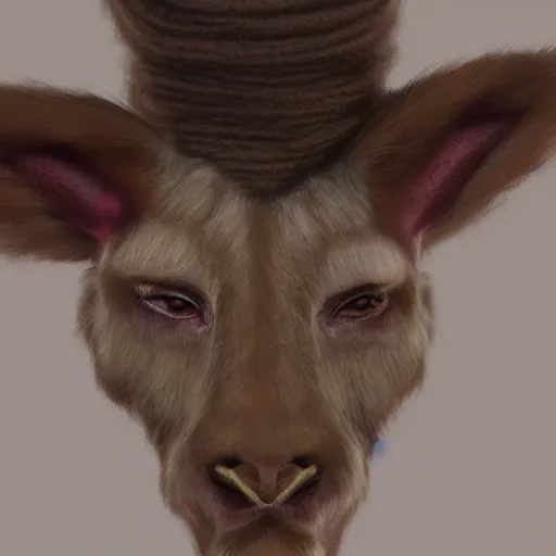 Prompt: fantasy portrait of female Minotaur with brown and white fur, close up, concept art