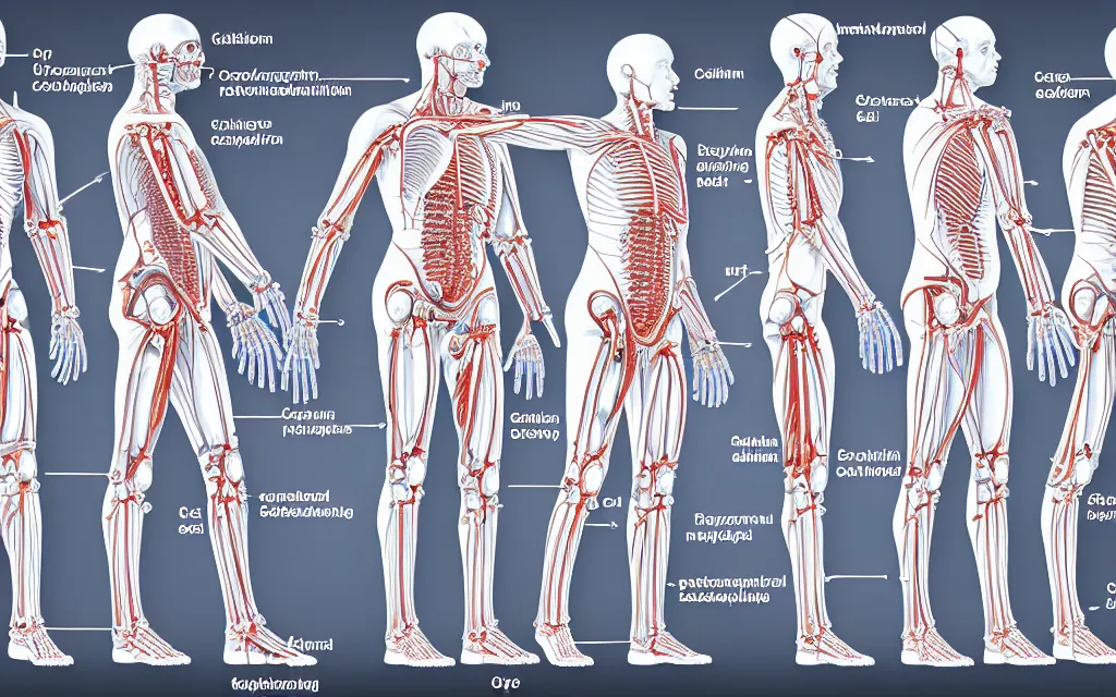 Image similar to diagram of cyborg humans'future biomechanical evolution, scientific anatomical diagram