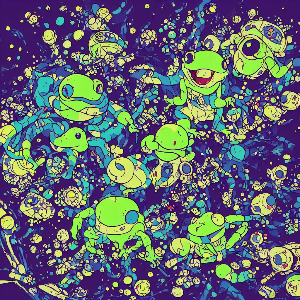 Image similar to toads, frogs, ryuta ueda artwork, breakcore, style of jet set radio, y 2 k, gloom, space, cel - shaded art style, indigo rainbow, data, minimal, takashi murakami artwork, code, cybernetic, dark, eerie, cyber