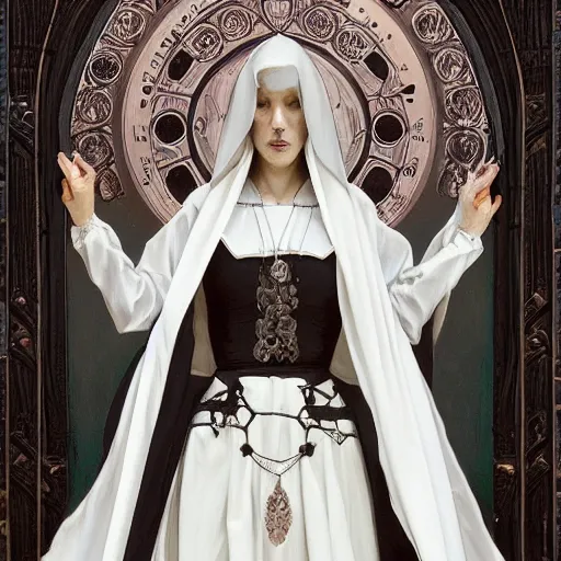 Image similar to gothic nun in full dress, perfectly detailed curiosities!! blessed by time with ever - increasing physical mental perfection, symmetrical! intricate, sensual features, highly detailed, biblical divine holy perfection!! digital painting, artstation, concept art, smooth, sharp focus, illustration, art by artgerm and greg rutkowski and alphonse mucha