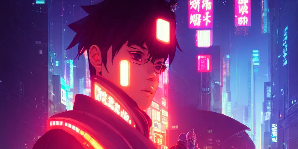 Image similar to digital illustration closeup portrait of cyberpunk samurai in city street at night by makoto shinkai, ilya kuvshinov, lois van baarle, rossdraws, basquiat | afrofuturism, in the style of hearthstone, trending on artstation | cool color scheme