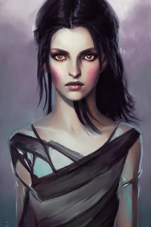 Image similar to portrait painting of female forest elf black hair, purple eyes, black dress, dramatic light, 8 k, by greg rutkowski