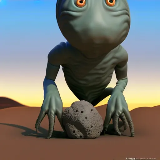 Image similar to a sad Roswell grey alien trying to repair his crashed burning spacecraft in the desert, crashed UFO, crashed Flying Saucer, cactus and rocks in the background, dusk, featured on zbrush central, hurufiyya, zbrush, polycount, airbrush art