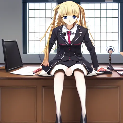 Prompt: blonde anime girl with long hair, wearing headmistress uniform, sophisticated young woman, pantyhose, authority, sitting in dean's office, ornate designs on desk, sharp details, subsurface scattering, intricate details, anime, anime hd wallpaper, 2 0 1 9 anime screenshot