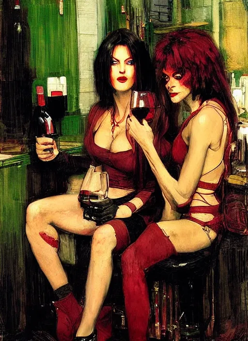 Image similar to glam rockers drinking brutal and raw wine, inside a green room with red lights by john william waterhouse, phil hale, extremely detailed