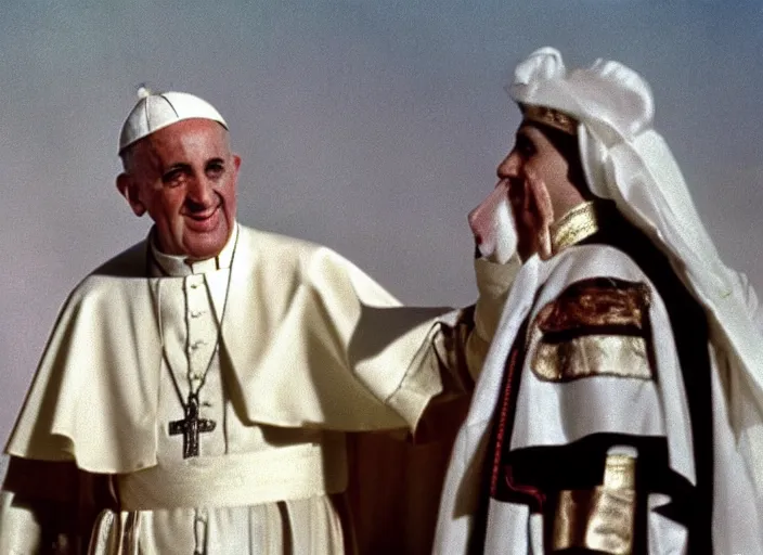 Image similar to a film still of the pope dressed in egyptian style as the faraoh, in the 1 0 commandments ( 1 9 5 6 ), technicolor color