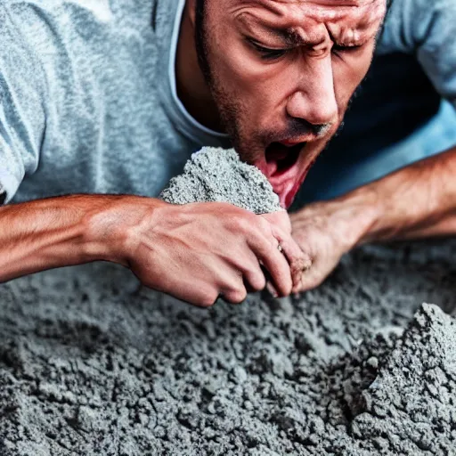 Image similar to a man angrily eating cement