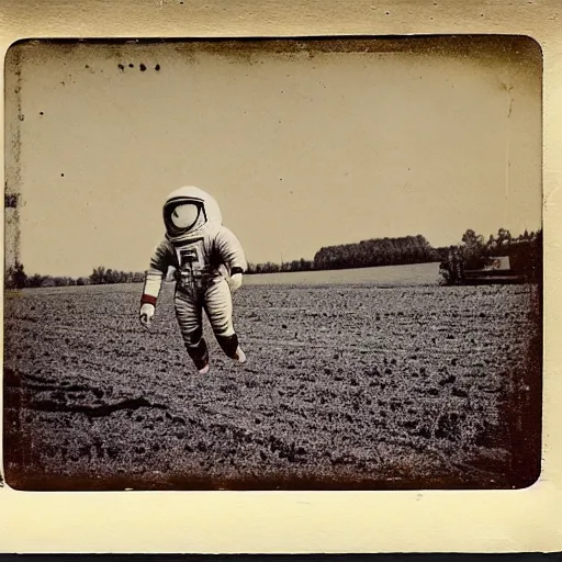 Prompt: a 19th century polaroid of a space man landing in a farm