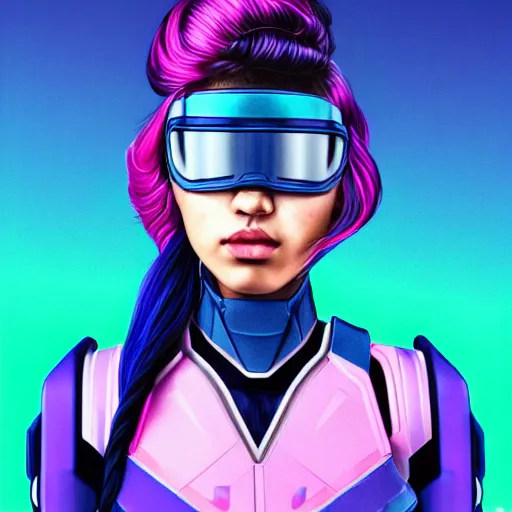 Image similar to a stunning upper body portrait of a beautiful young woman wearing futuristic navy blue and teal battle bodyarmor and pauldrons and ombre purple and pink hairstyle with hair blowing in the wind, by marvel comics, outrun, vaporware, neon, highly detailed, fine detail, intricate, digital art, trending on artstation