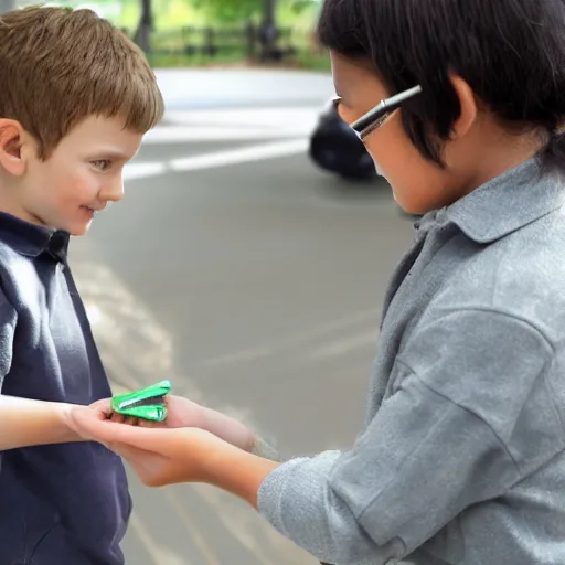 Image similar to a child exchanging a ticket for a coin from an adult, photorealistic