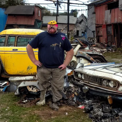 Prompt: Drachenlord guarding a junkyard with a small yellow house