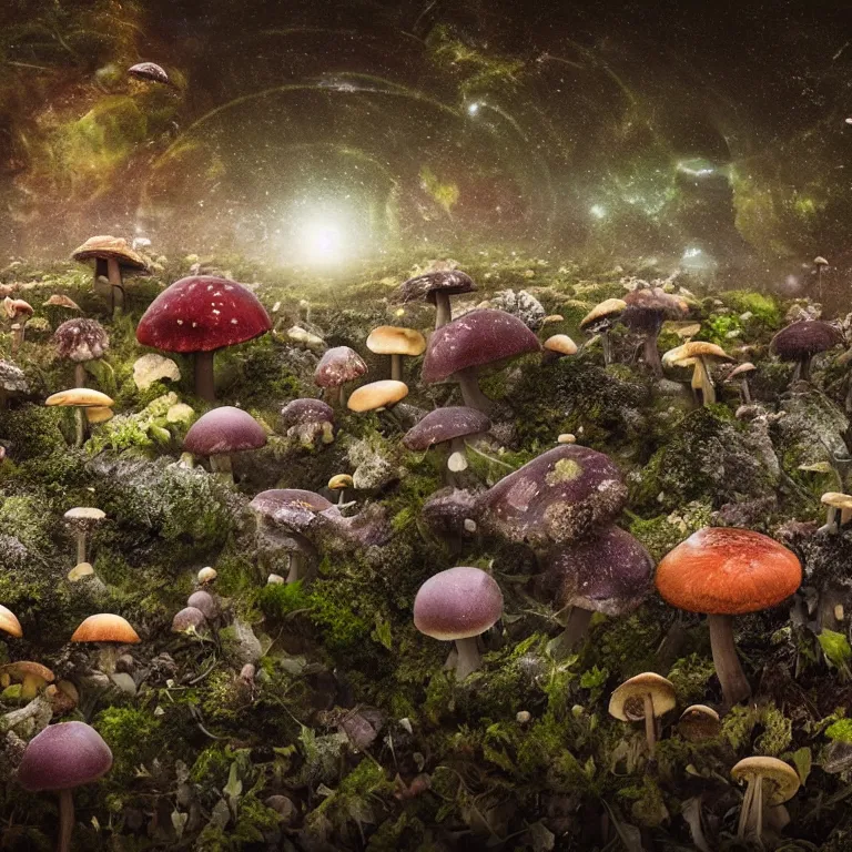 Image similar to a planet of various fungus, mushrooms and plants, inside the picture is infinity, Atmospheric phenomenon, artistic photography, muted colors, conceptual, long exposure outside the city, volumetric light