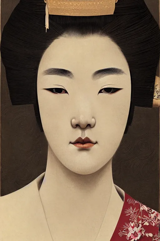 Prompt: a beautiful detailed portrait illustration of japanese geisha girl by jonathan yeo and phoebe dickinson, realistic facial proportions, defined features, acurate facial details