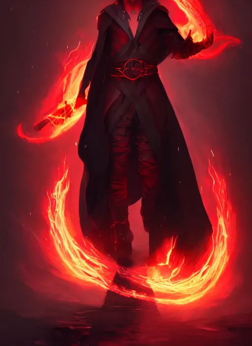 Image similar to Half-body of a hooded brunette elven fire mage in a black and red robe with fire around him. In style of Hyung-tae Kim and Greg Rutkowski, concept art, trending on ArtStation, Korean MMORPG, over-detailed art, 4K, epic, dynamic lightning, dramatic pose.