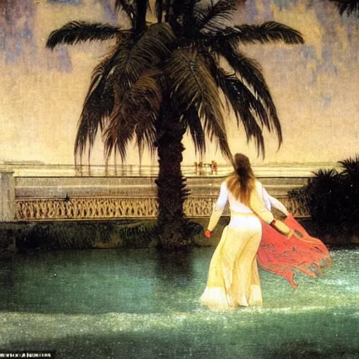 Image similar to Girl riding a horse leaving the palace through the bridge, thunderstorm, beach and palm trees on the background major arcana sky, by paul delaroche, alphonse mucha and arnold böcklin arnold böcklin hyperrealistic 8k, very detailed