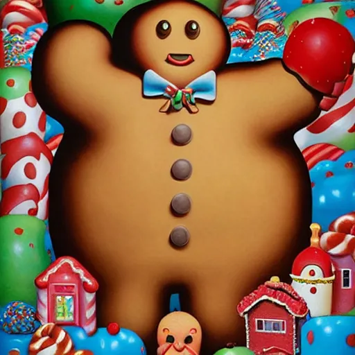 Prompt: portrait of a depressed gingerbread man living in candyland painted by fernando botero and mark ryden and hikari shimoda, lowbrow pop surrealism