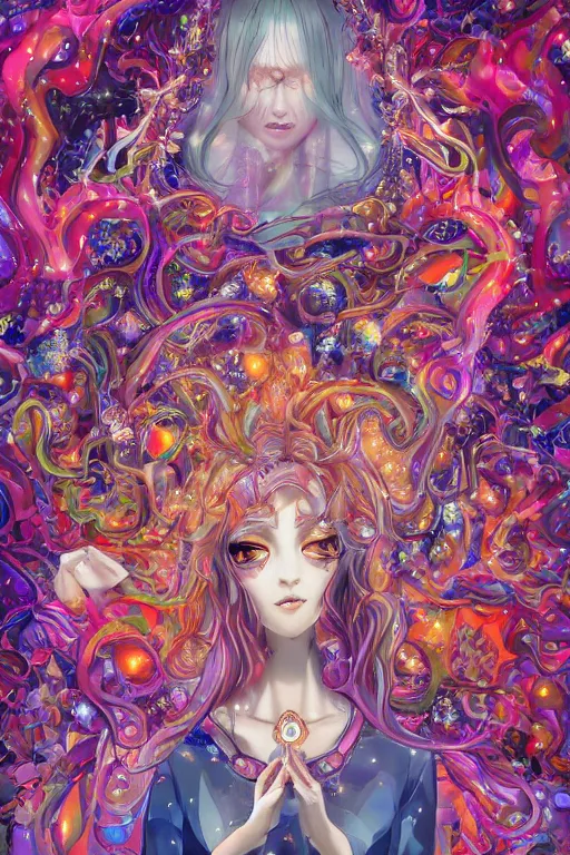 Image similar to acid trip, hall of mirrors, intricate, highly detailed, anime, 4k, a beautiful seductive deer woman holding a crystal containing the universe, with professional makeup, long trippy hair, surrounded by gems, underneath the stars, trending on patreon, deviantart, twitter, artstation, volumetric lighting, heavy contrast, by artgerm and Ilya Kuvshinov and alphonse mucha