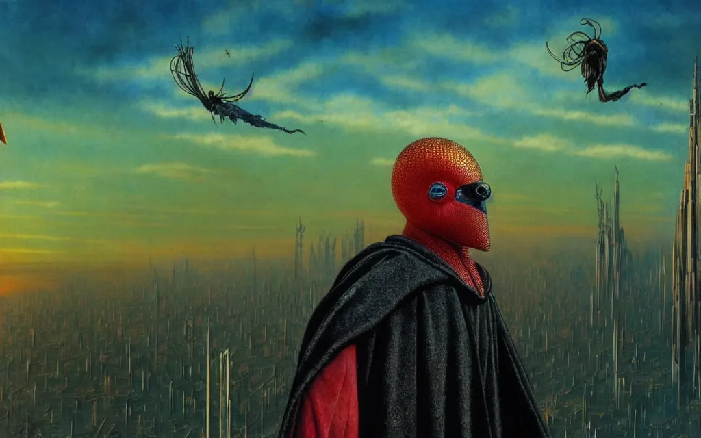 Prompt: realistic detailed portrait movie shot of a birdman wearing dark robes, futuristic city sunset landscape background by denis villeneuve, amano, yves tanguy, alphonse mucha, ernst haeckel, max ernst, roger dean, rich moody colours