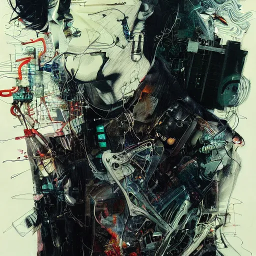 Image similar to keanu reeves as a cyberpunk noir detective, skulls, wires cybernetic implants, machine noir grimcore, in the style of adrian ghenie esao andrews jenny saville surrealism dark art by james jean takato yamamoto and by ashley wood and mike mignola