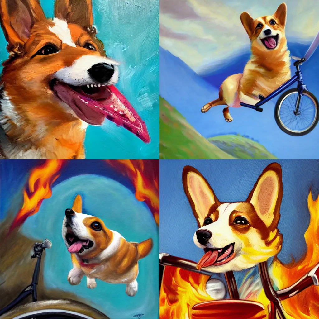 Prompt: an expressive oil painting of a corgi with its tongue out on a BMX bike doing a backflip on a halfpipe, the wheels of the BMX bike are on fire, Dutch angle