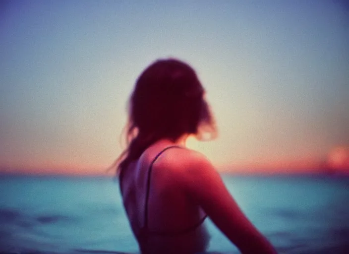 Prompt: colored photography, close-up from behind woman swimming in ocean at night, blue light, 35mm film,