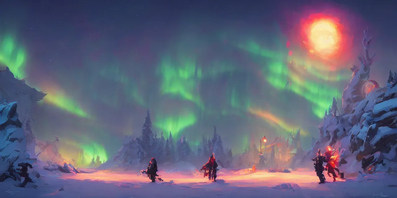 Prompt: epic nighttime showdown in blizzard, rainbow lights, aurora, behance hd artstation by jesper ejsing by rhads, makoto shinkai and lois van baarle, ilya kuvshinov, ossdraws