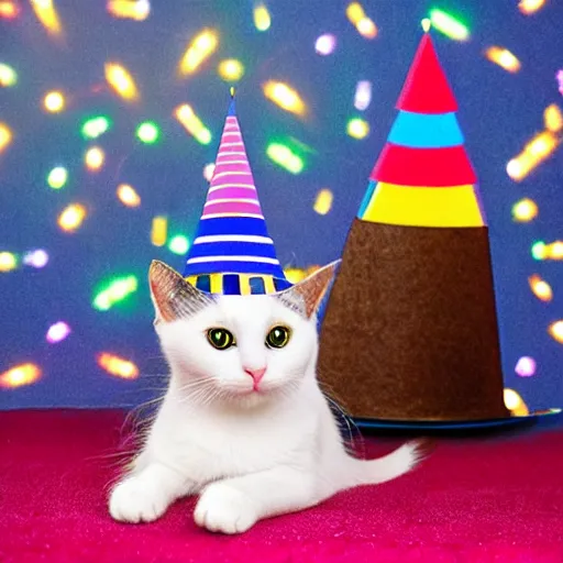 Prompt: a photo of a very cute cat wearing a birthday party hat, studio portrait, back background with fireworks. portrait.