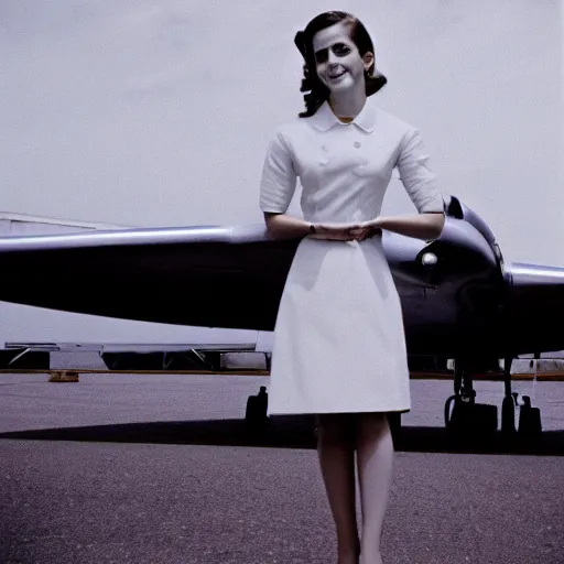 Prompt: emma watson, flight attendant 1 9 6 0 s, award winning, kodak ektachrome expired blue tint,