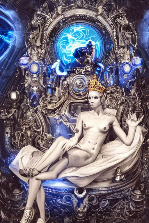 Image similar to full-body rococo and cyberpunk style neon statue of a young attractive portugues macho dotado e rico android sim roupa reclining con piroca dura, glowing white laser eyes, prince crown of blue gears, diamonds, swirling silver-colored silk fabric. futuristic elements. full-length view. space robots. human skulls. intricate artwork by caravaggio. Trending on artstation, octane render, cinematic lighting from the right, hyper realism, octane render, 8k, depth of field, 3D