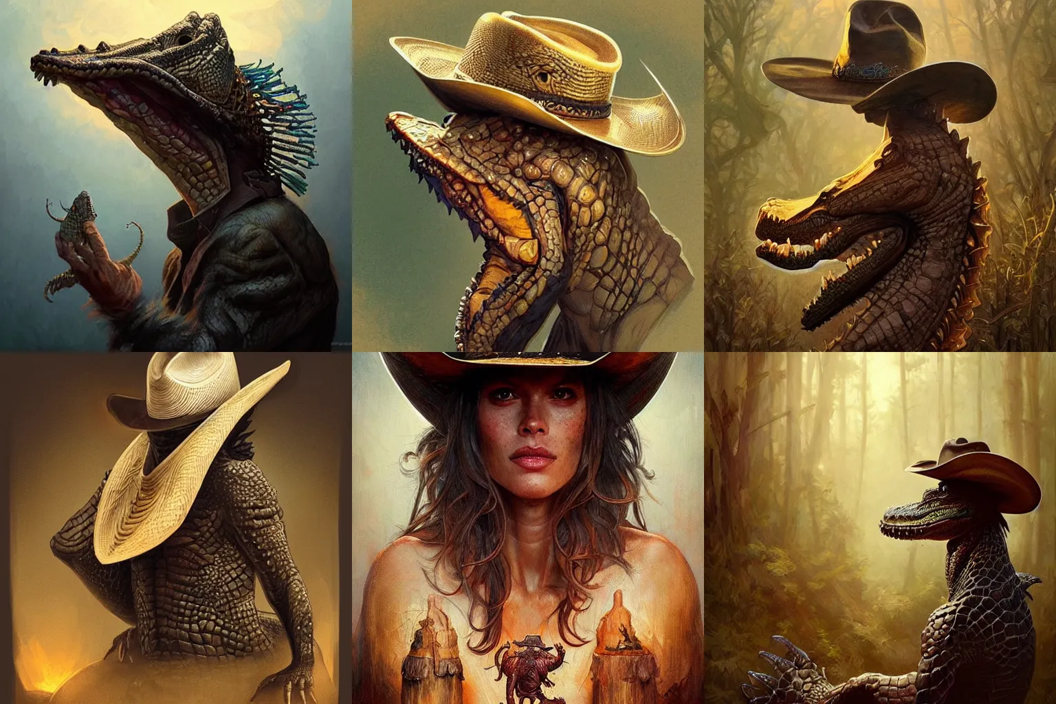 Prompt: “a cajun humanoid alligator wearing a cowboy hat, D&D, fantasy, intricate, cinematic lighting, highly detailed, digital painting, artstation, concept art, smooth, sharp focus, illustration, art by Artgerm and Greg Rutkowski and Alphonse Mucha”